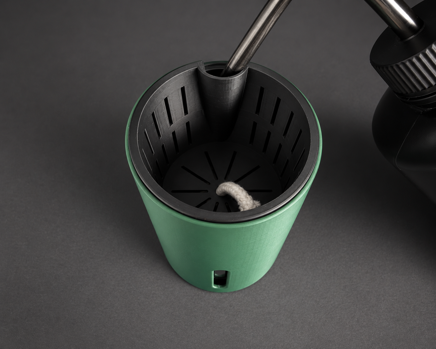 Forest Green medium cup showing the inner pot and refill opening with a watering bottle