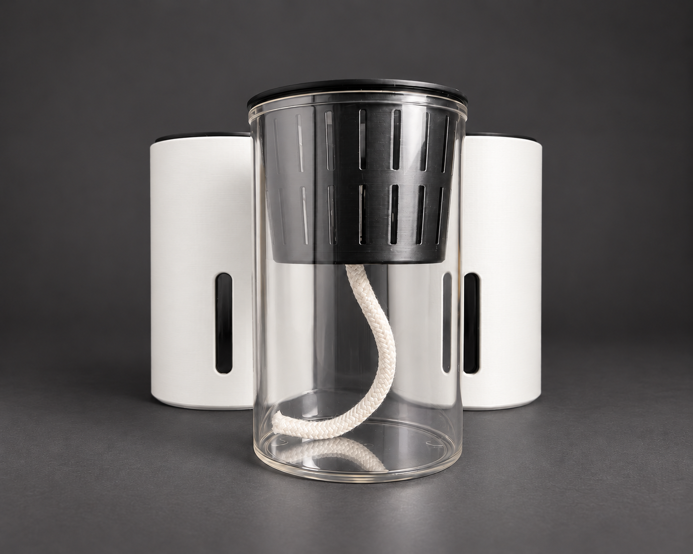 White medium cups with the clear reservoir, removable inner cup, and wick shown