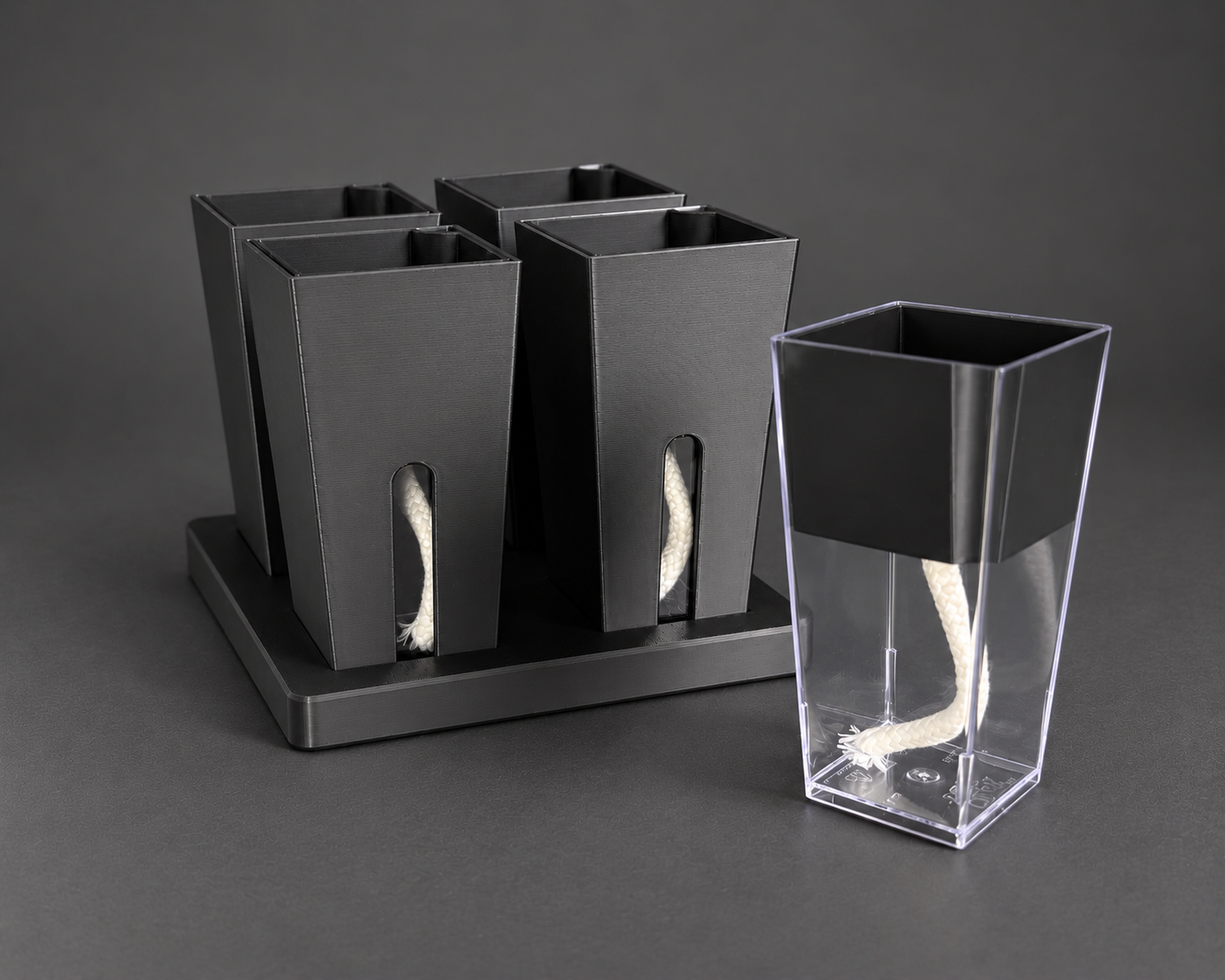 Black small cups with the clear reservoir, removable inner pot, and wick shown