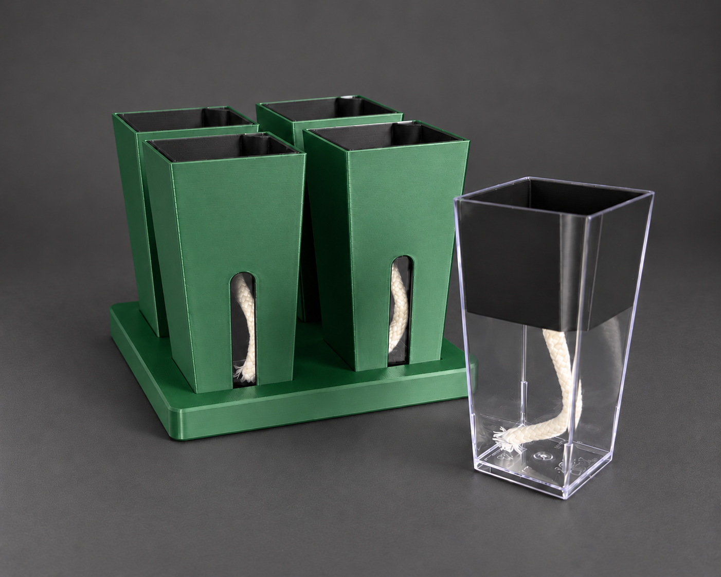 Forest Green small cups with the clear reservoir, removable inner pot, and wick shown
