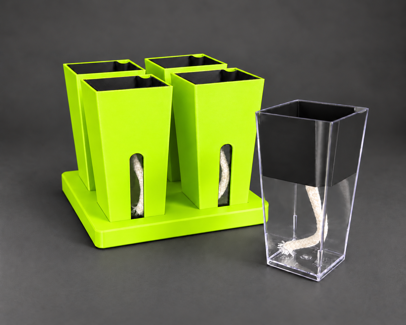 Neon Green small cups with the clear reservoir, removable inner pot, and wick shown
