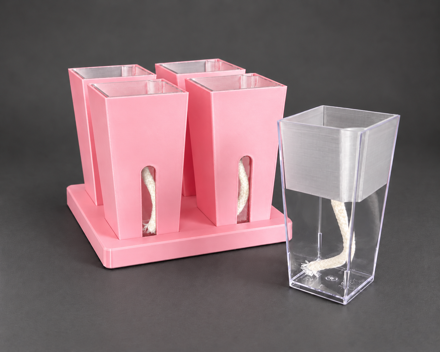 Silk Pink small cups with the clear reservoir, removable inner pot, and wick shown